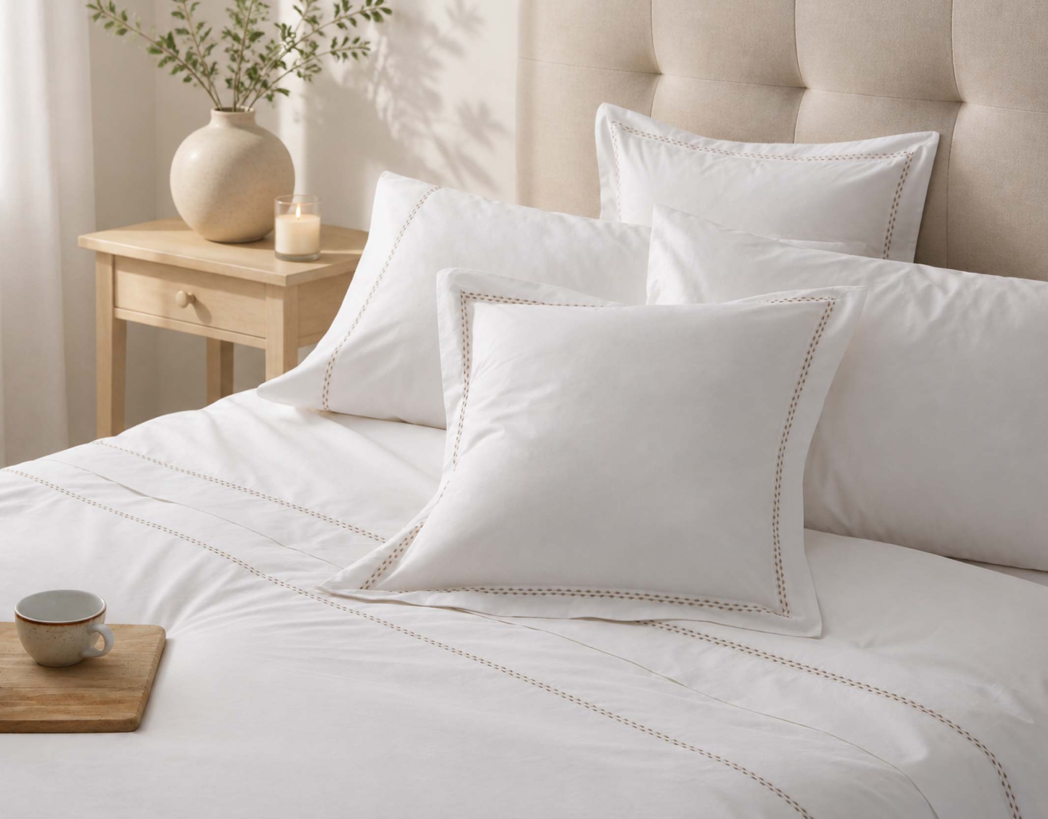 Ropa de cama en color blanco con motivo bordado